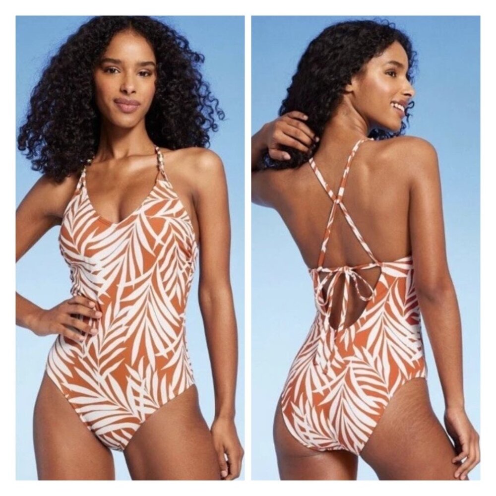 Shade & Shore Rust Orange & Cream Palm Leaf Print One-Piece Halter Swimsuit M Nw